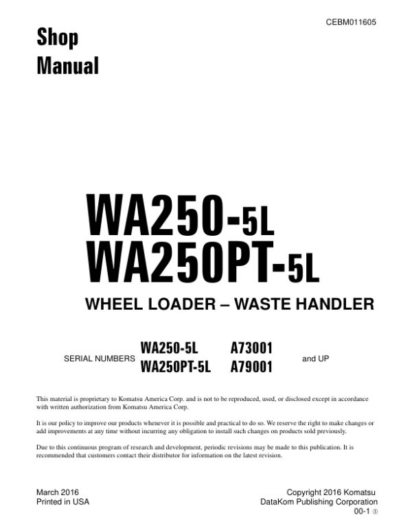 Service manual Komatsu WA250-5L, WA250PT-5L | CEBM011605
