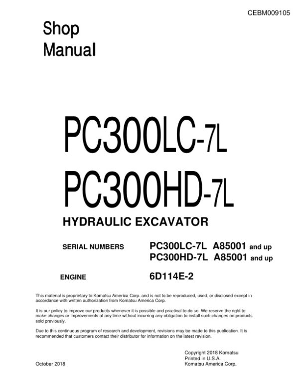 Service manual Komatsu PC300LC-7L, PC300HD-7L (6D114E-2) | CEBM009105