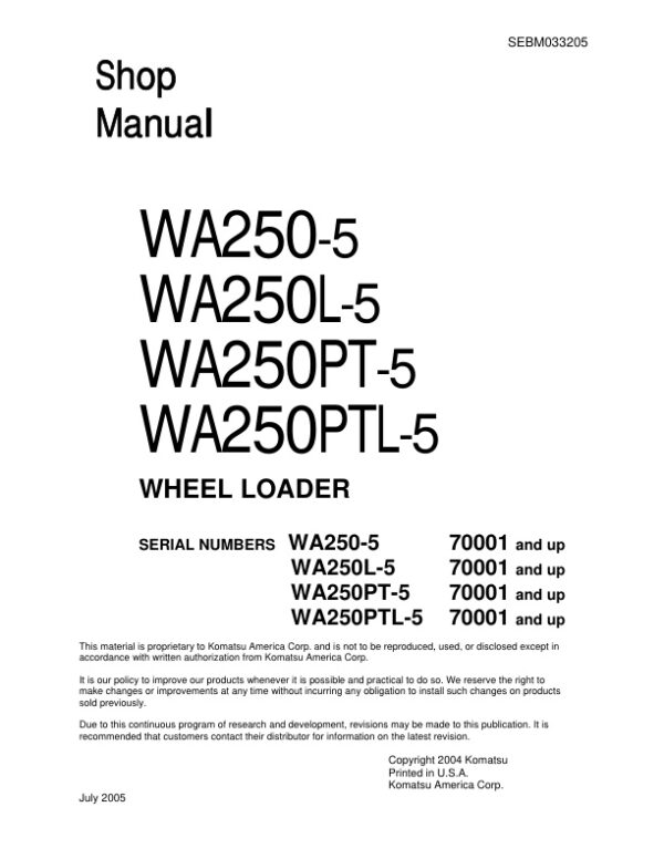Service manual Komatsu WA250-5, WA250L-5, WA250PT-5, WA250PTL-5 | SEBM033205