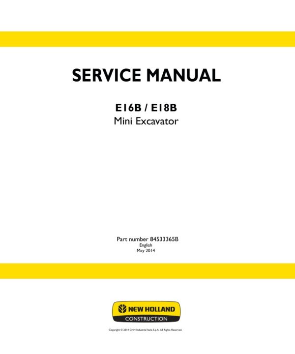 Service manual New Holland E16B, E18B Mini Excavator | 84533365B