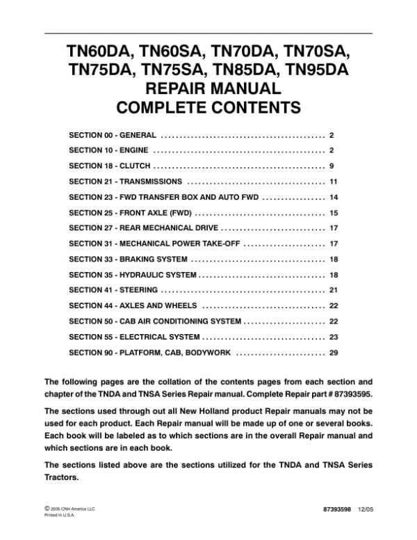 Service manual New Holland TN60DA, TN60SA, TN70DA, TN70SA, TN75DA, TM75SA, TN85DA, TN95DA Tractor