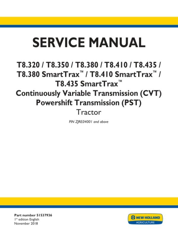 Service manual New Holland T8.320, T8.350, T8.380, T8.410, T8.435 SmartTrax (CVT) (PST) | 51537936