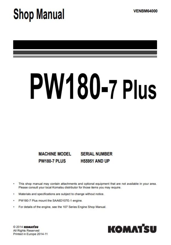 Service manual Komatsu PW180-7 Plus H55951 & Up | VENBM64000