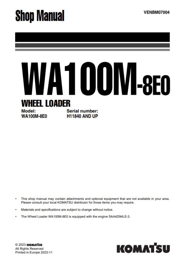 Service manual Komatsu WA100M-8E0 H11840 & Up | VENBM07004