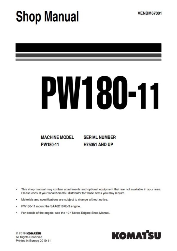 Service manual Komatsu PW180-11 H75051 & Up | VENBM67001