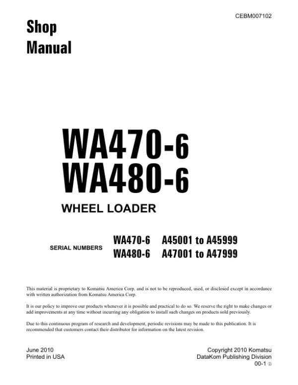 Service manual Komatsu WA470-6 A45001-A45999, WA480-6 A47001-A47999 | CEBM007102