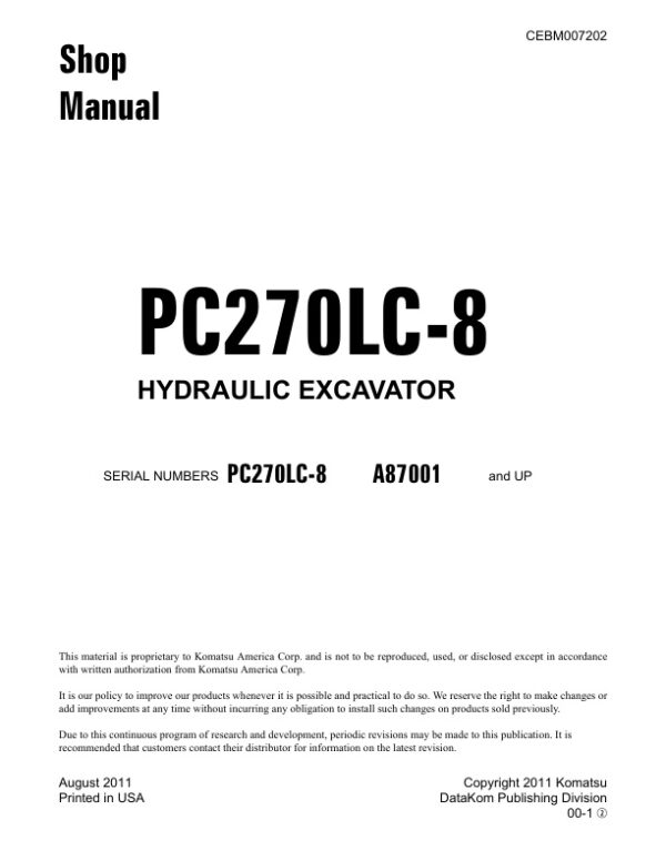 Service manual Komatsu PC270LC-8 A87001 & Up | CEBM007202