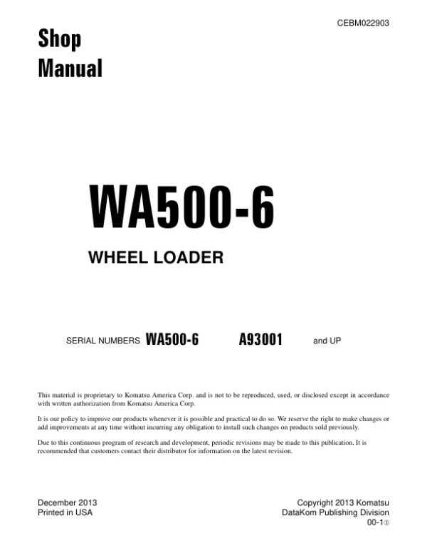 Service manual Komatsu WA500-6 A93001 & Up | CEBM022903