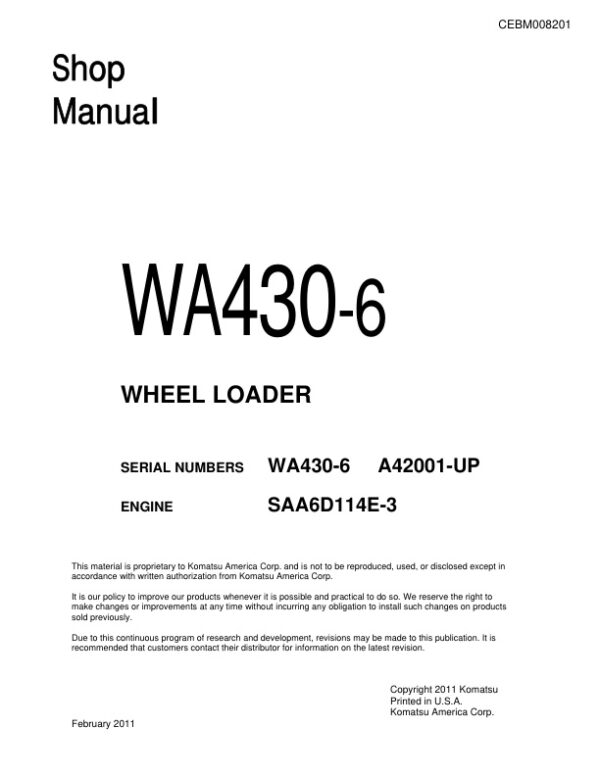 Service manual Komatsu WA430-6 A42001 & Up | CEBM008201