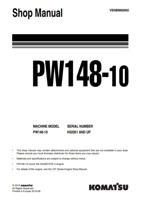 Service manual Komatsu PW148-10 H52051 & Up | VENBM60002
