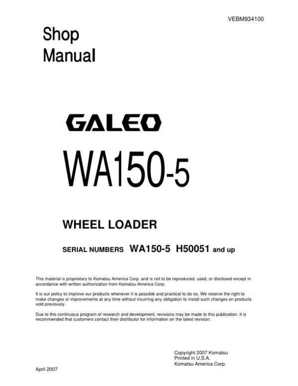 Service manual Komatsu WA150-5 H50051 & Up | VEBM934100