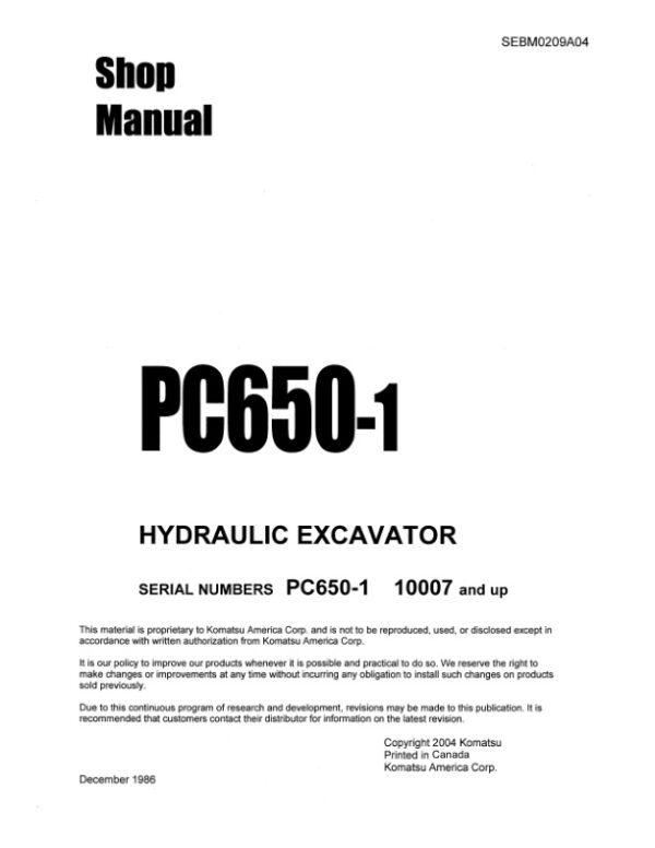 Service manual Komatsu PC650-1 10007 & Up | SEBM0209A04