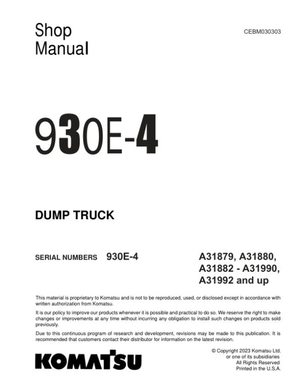 Service manual Komatsu 930E-4 A31879, A31880, A31882 – A31990, A31992 & Up | CEBM030303