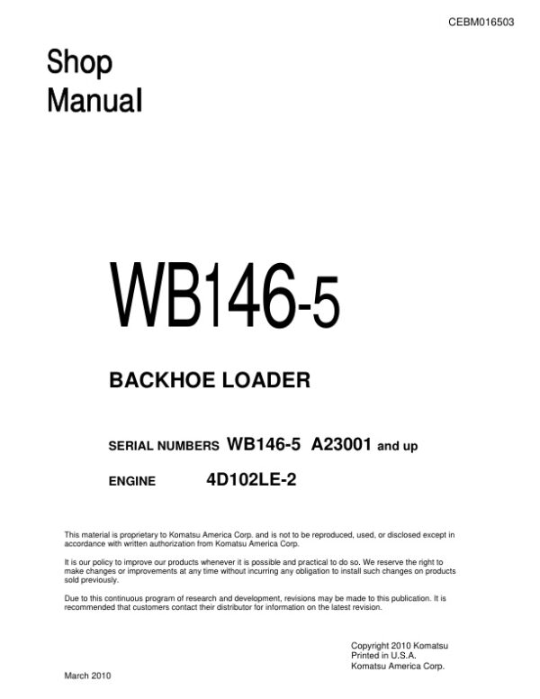 Service manual Komatsu WB146-5 A23001 & Up | CEBM016503