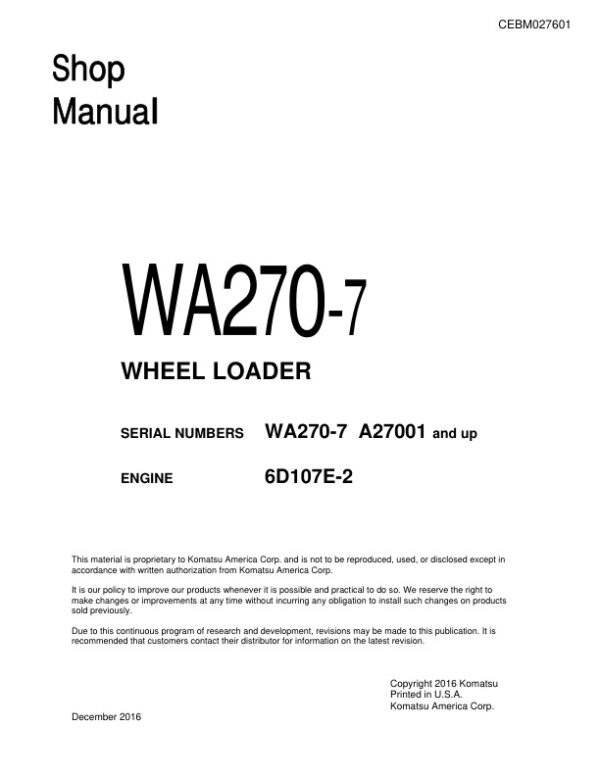 Service manual Komatsu WA270-7 A27001 & Up | CEBM027601