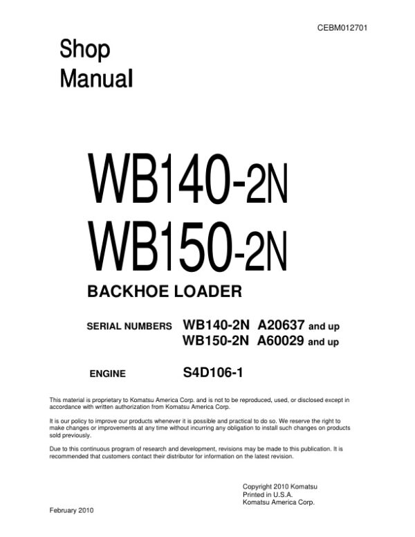 Service manual Komatsu WB140-2N A20637 & Up, WB150-2N A60029 & Up | CEBM012701