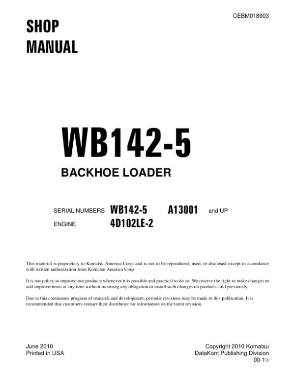 Service manual Komatsu WB142-5 A13001 & Up | CEBM018903