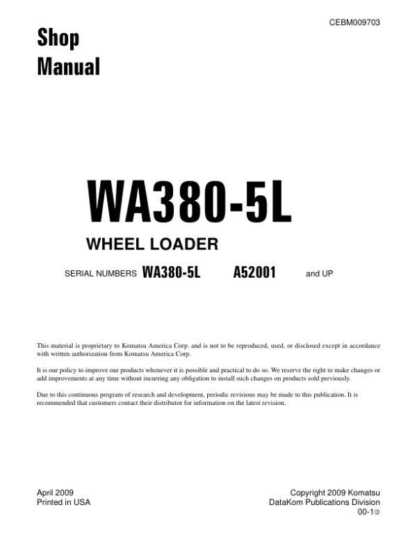 Service manual Komatsu WA380-5L A52001 & Up | CEBM009703