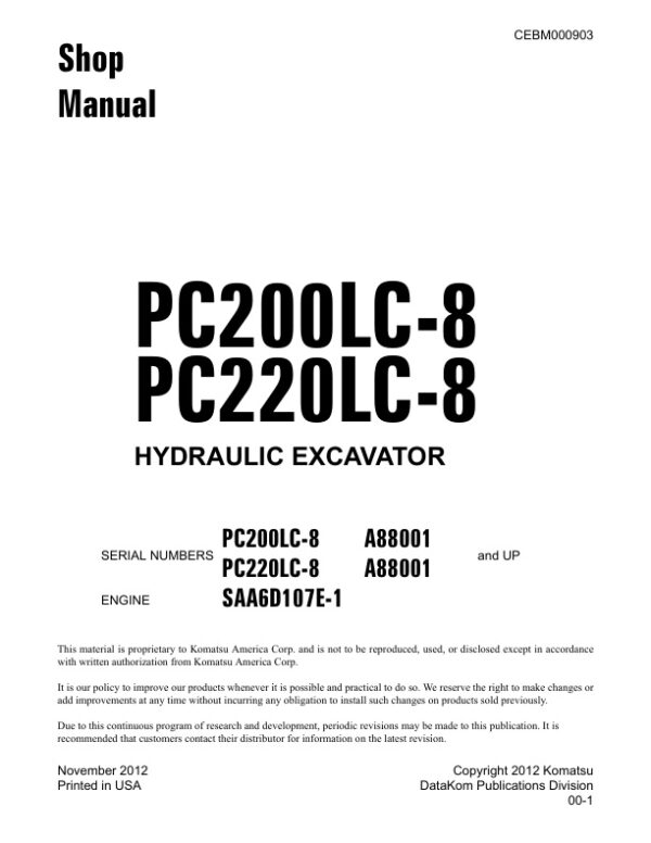 Service manual Komatsu PC200LC-8, PC220LC-8 A88001 & Up | CEBM000903