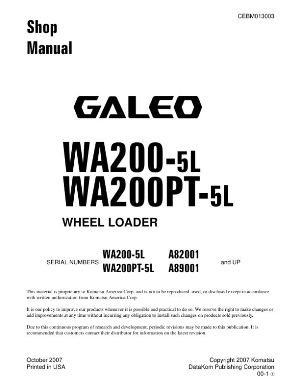 Service manual Komatsu WA200-5L A82001 & Up, WA200PT-5L A89001 & Up | CEBM013003