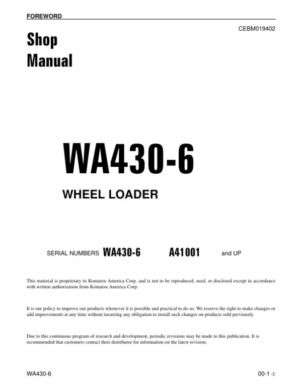 Service manual Komatsu WA430-6 A41001 & Up | CEBM019402