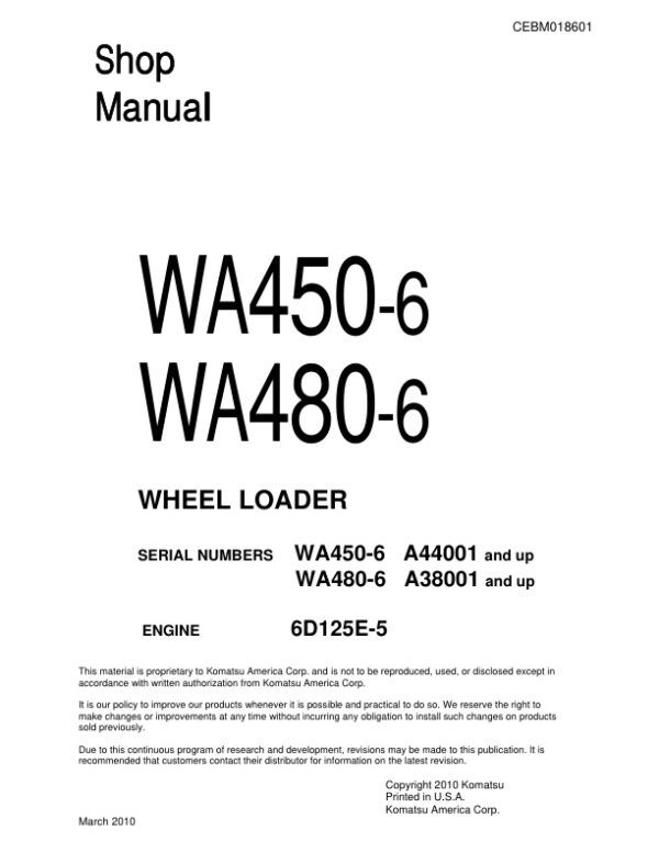 Service manual Komatsu WA450-6, WA480-6 A44001 & Up, A38001 & Up | CEBM018601