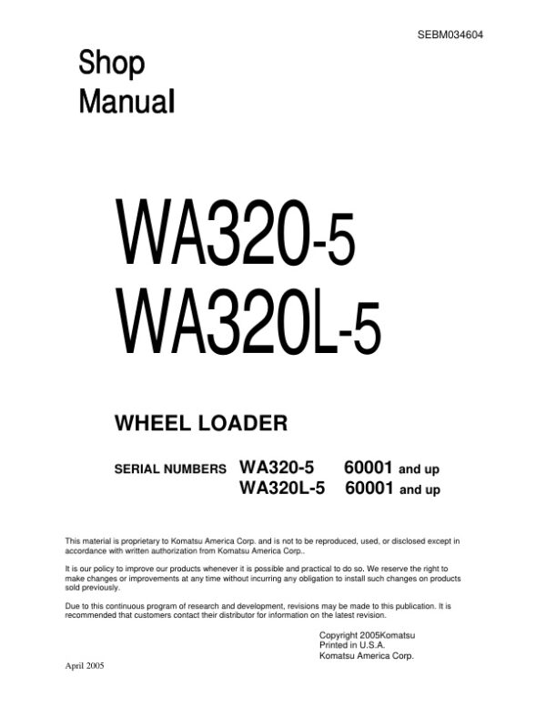 Service manual Komatsu WA320-5, WA320L-5 60001 & Up | SEBM034604