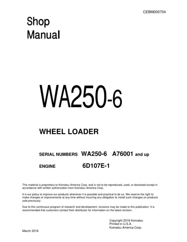 Service manual Komatsu WA250-6 A76001 & Up | CEBM000704