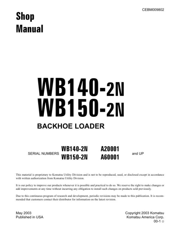 Service manual Komatsu WB140-2N, WB150-2N A20001 & Up, A60001 & Up | CEBM009802