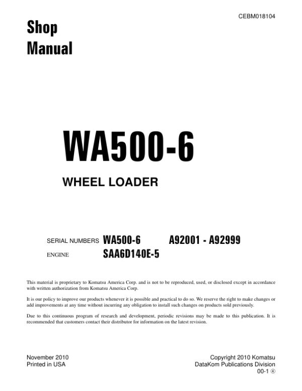 Service manual Komatsu WA500-6 A92001-A92999 | CEBM018104