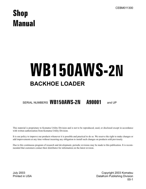 Service manual Komatsu WB150AWS-2N A90001 & Up | CEBM011300