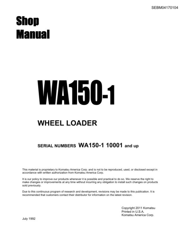 Service manual Komatsu WA150-1 10001 & Up | SEBM04170104