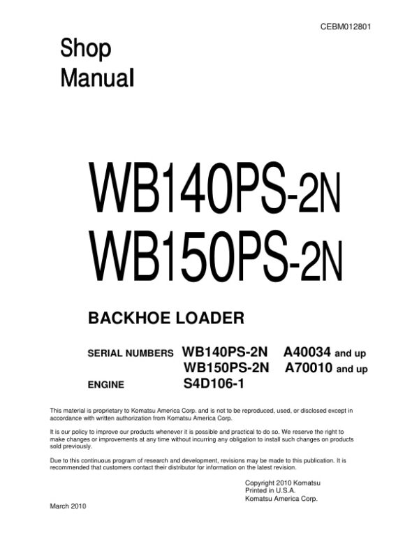 Service manual Komatsu WB140PS-2N A40034 & Up, WB150PS-2N A70010 & Up | CEBM012801