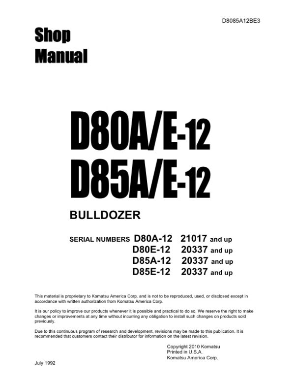 Service manual Komatsu D80A-12, D80E-12, D85A-12, D85E-12 | D8085A12BE3