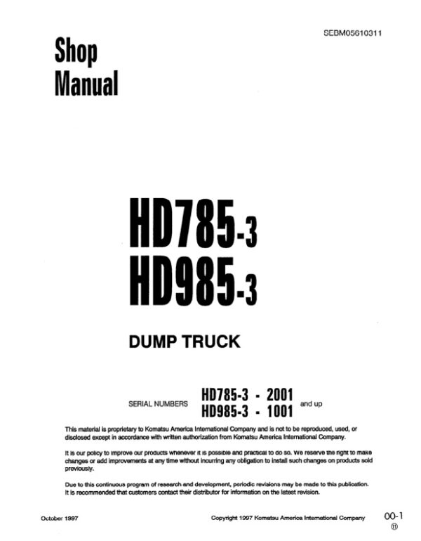 Service manual Komatsu HD785-3 2001 & Up, HD985-3 1001 & Up | SEBD05610311