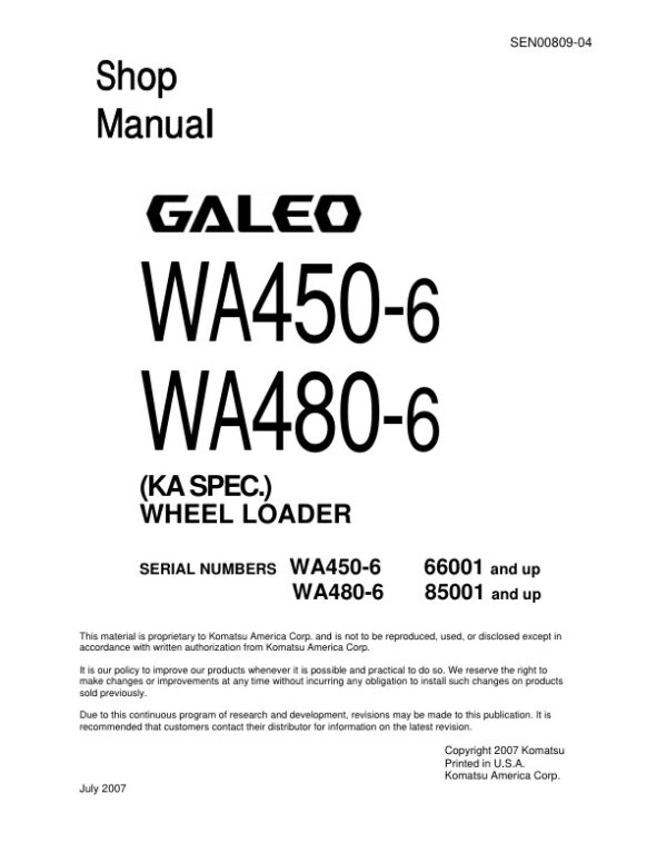 Service manual Komatsu WA450-6 66001 & Up, WA480-6 85001 & Up | SEN00809-04