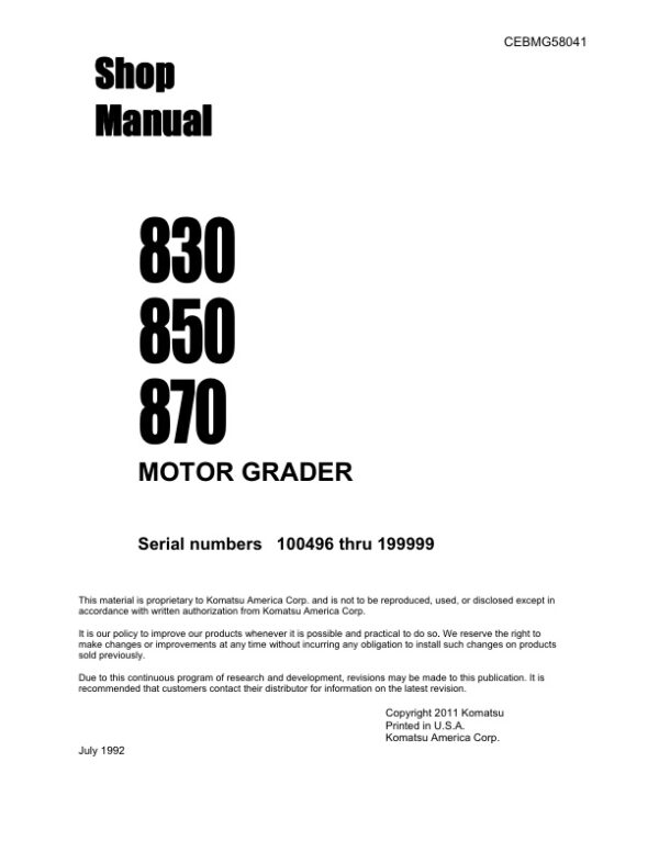 Service manual Komatsu 830, 850, 870 Motor Grader 100496-199999 | CEBMG58041