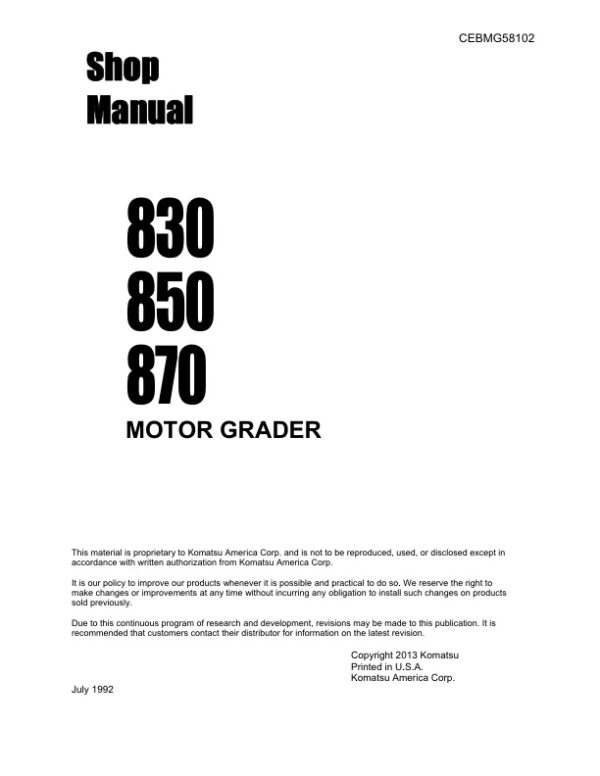 Service manual Komatsu 830, 850, 870 Motor Grader | CEBMG58102