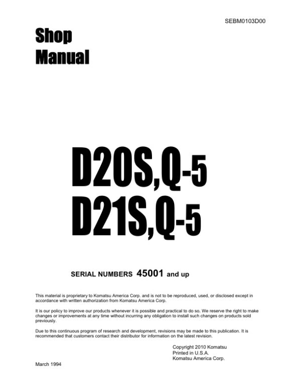 Service manual Komatsu D20S-5, D20Q-5, D21S-5, D21Q-5 | SEBM0103D00