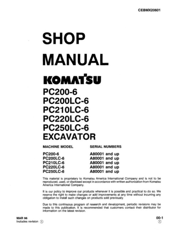 Service manual Komatsu PC200-6, PC200LC-6, PC210LC-6, PC220LC-6, PC250LC-6 | CEBMX20601