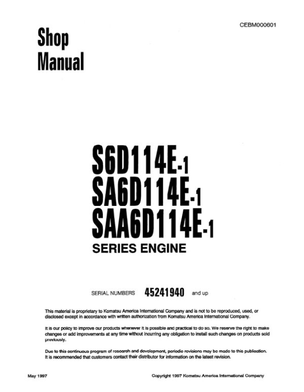 Service manual Komatsu S6D114E-1, SA6D114E-1, SAA6D114E-1, 6D114E-1 Series Engine | CEBM000601