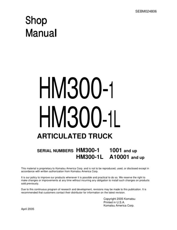 Service manual Komatsu HM300-1 1001 & Up, HM300-1L A10001 & Up | SEBM024806