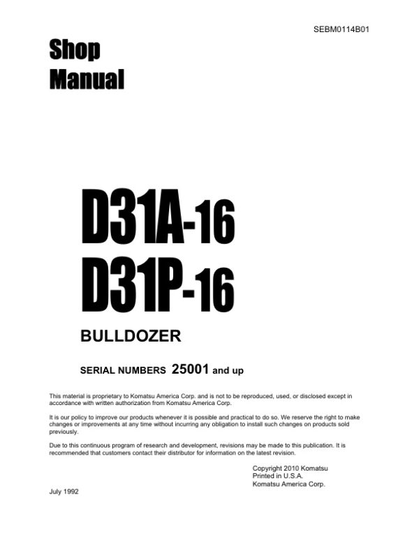 Service manual Komatsu D31A-16, D31P-16 25001 & Up | SEBM0114B01