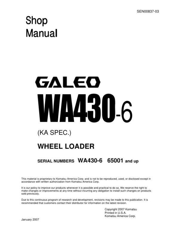 Service manual Komatsu WA430-6 65001 & Up | SEN00837-03