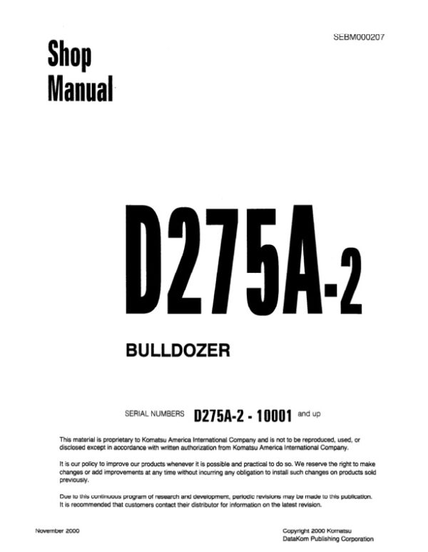 Service manual Komatsu D275A-2 10001 & Up | SEBM000207