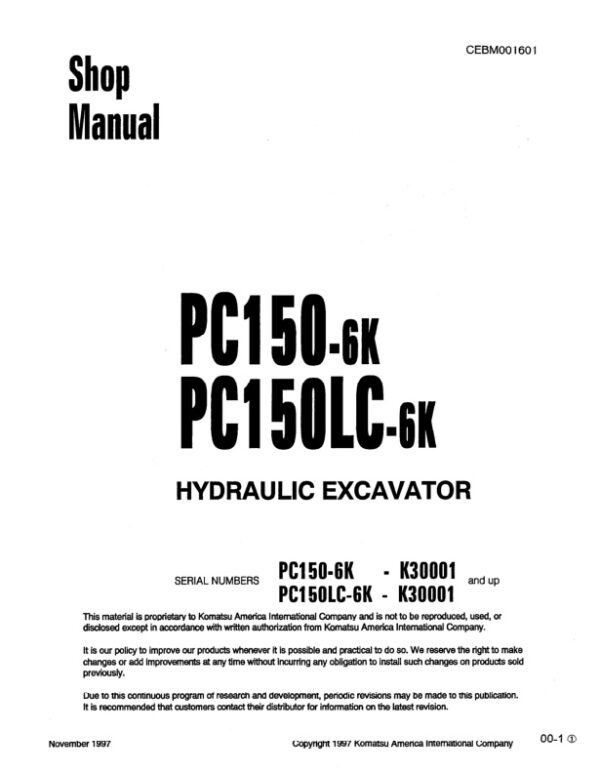 Service manual Komatsu PC150-6K, PC150LC-6K K30001 & Up | CEBM001601