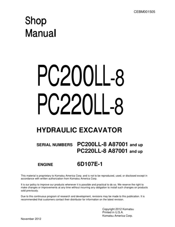 Service manual Komatsu PC200LL-8, PC220LL-8 A87001 & Up | CEBM001505