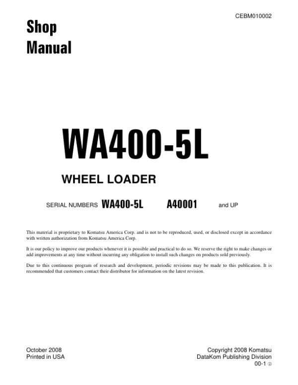 Service manual Komatsu WA400-5L A40001 & Up | CEBM010002