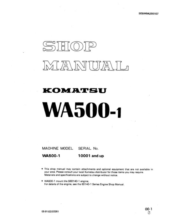 Service manual Komatsu WA500-1 10001 & Up | SEBM04250107