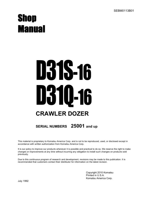 Service manual Komatsu D31S-16, D31Q-16 25001 & Up | SEBM0113B01